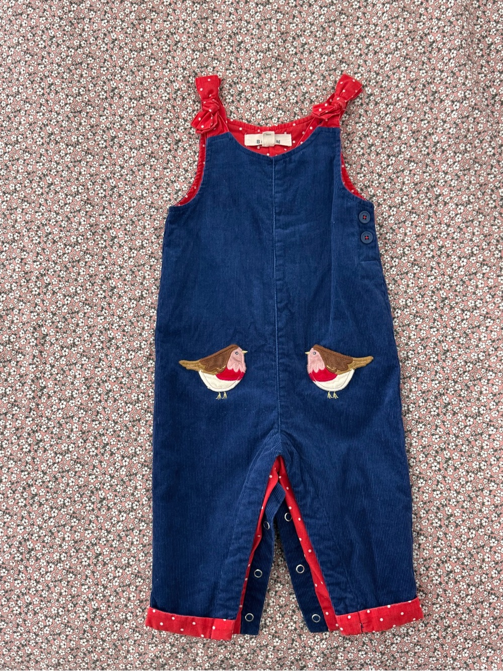 Baby boden Navy Corduroy Kids Overalls with Red Robin Appliqués